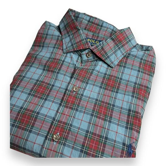 Ralph Lauren Polo Shirt Adult XL Slim Fit Blue Red Pony Button Up Plaid Mens - Picture 1 of 10